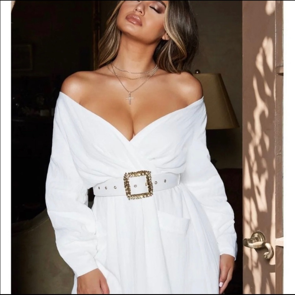 Off shoulder belted dress